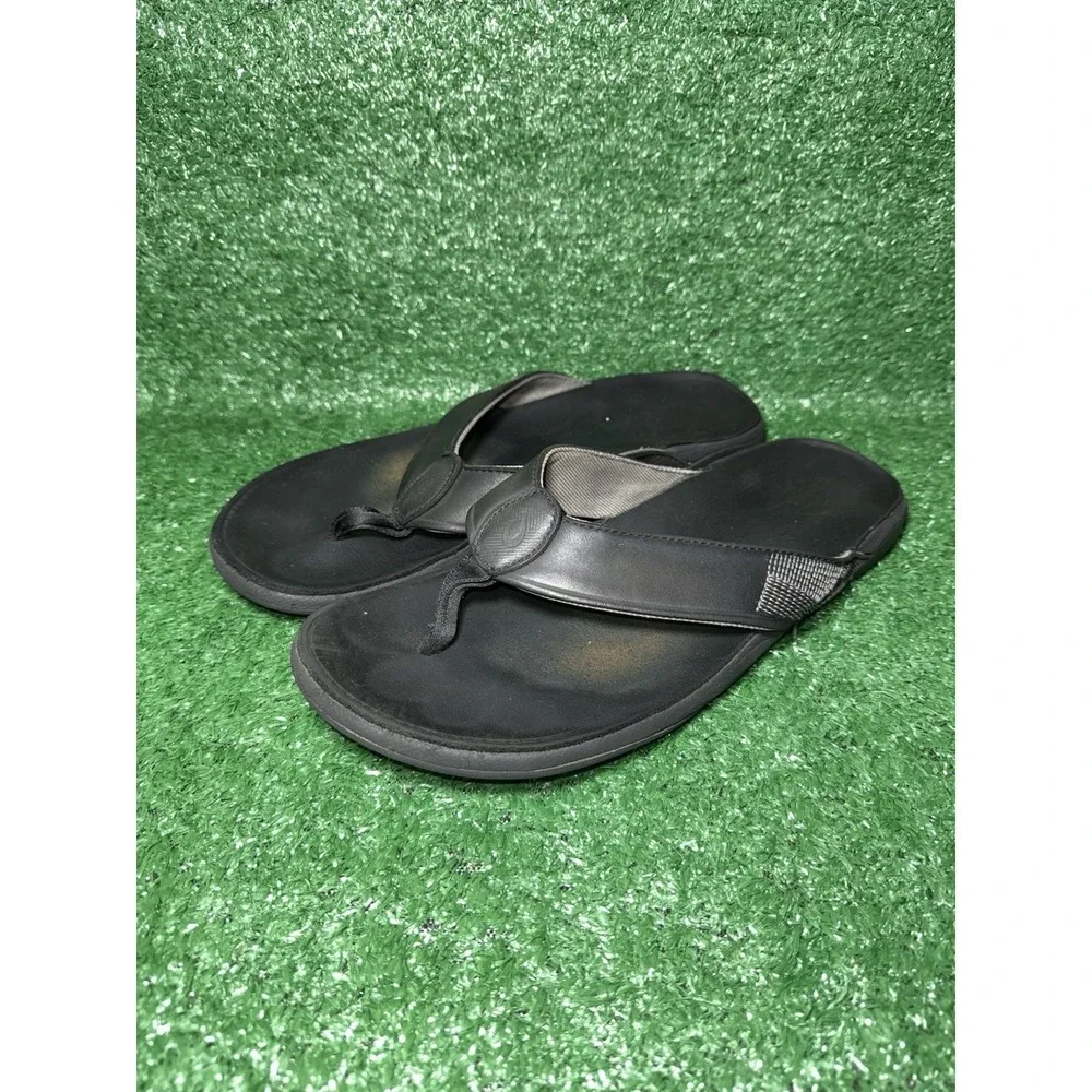 OluKai Tuahine Mens Size 13 Leather Black Beach Flip Flops Sandals Thong Slip On - Picture 3 of 8
